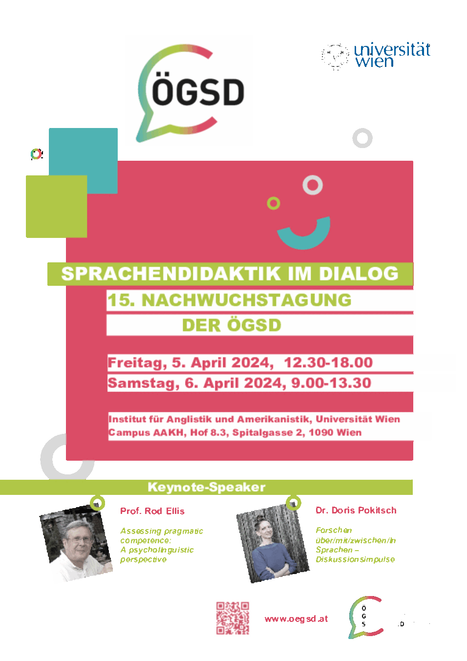 Flyer of ÖGSD Young Researchers' Conference detailing its date and location, and two photos of the keynote speakers Rod Ellis and Doris Pokitsch